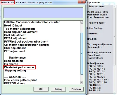Adjustment program Epson L805