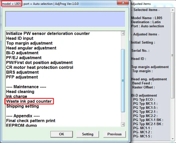 Adjustment program Epson L805