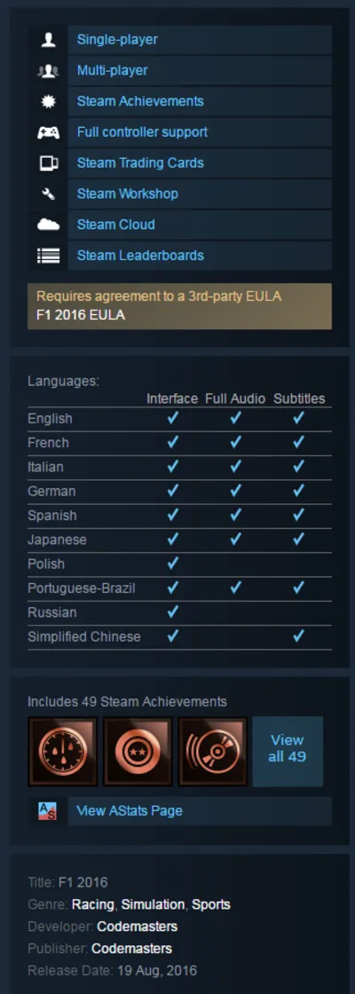 F1 2016 (Steam KEY / ROW / Region free / Global)