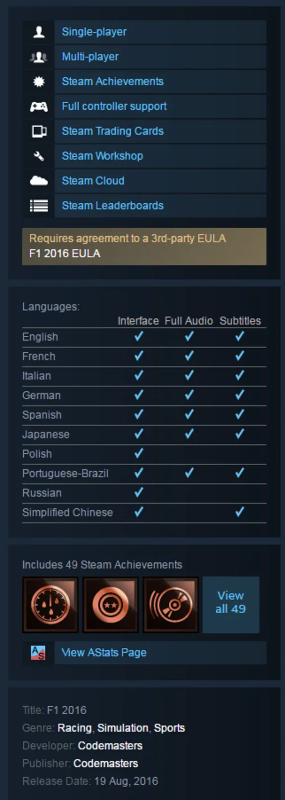 F1 2016 (Steam KEY / ROW / Region free / Global)