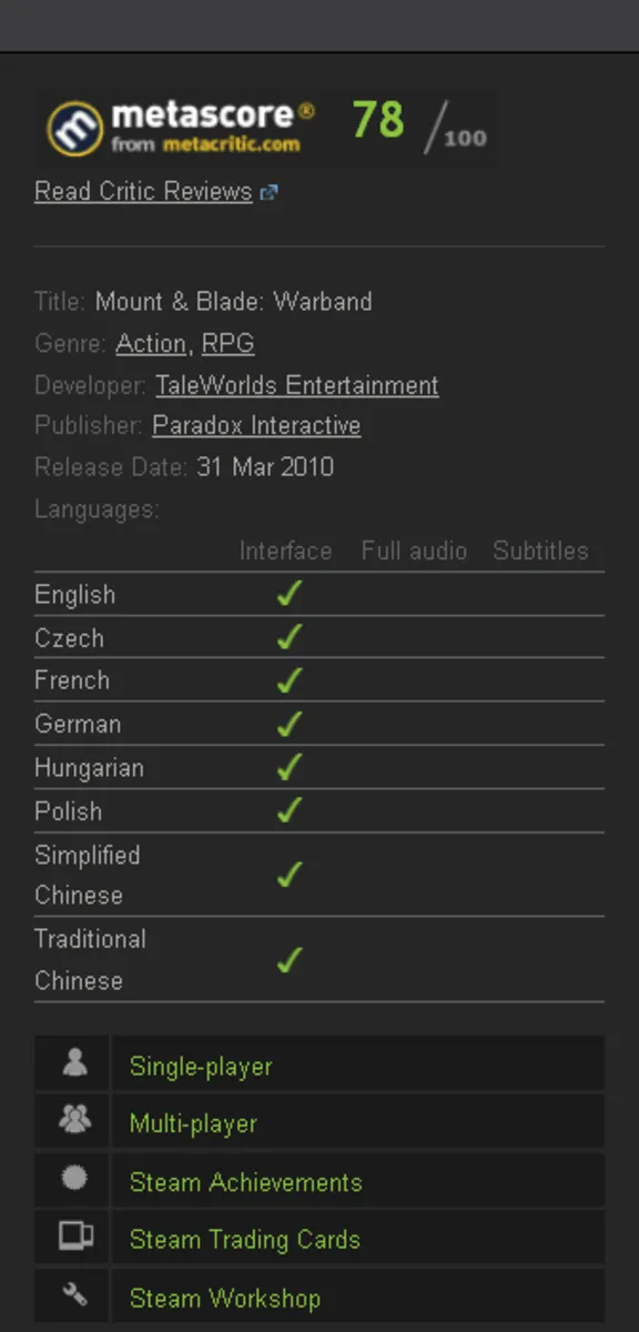 Mount & Blade: Warband (Steam KEY / ROW / Region Free)