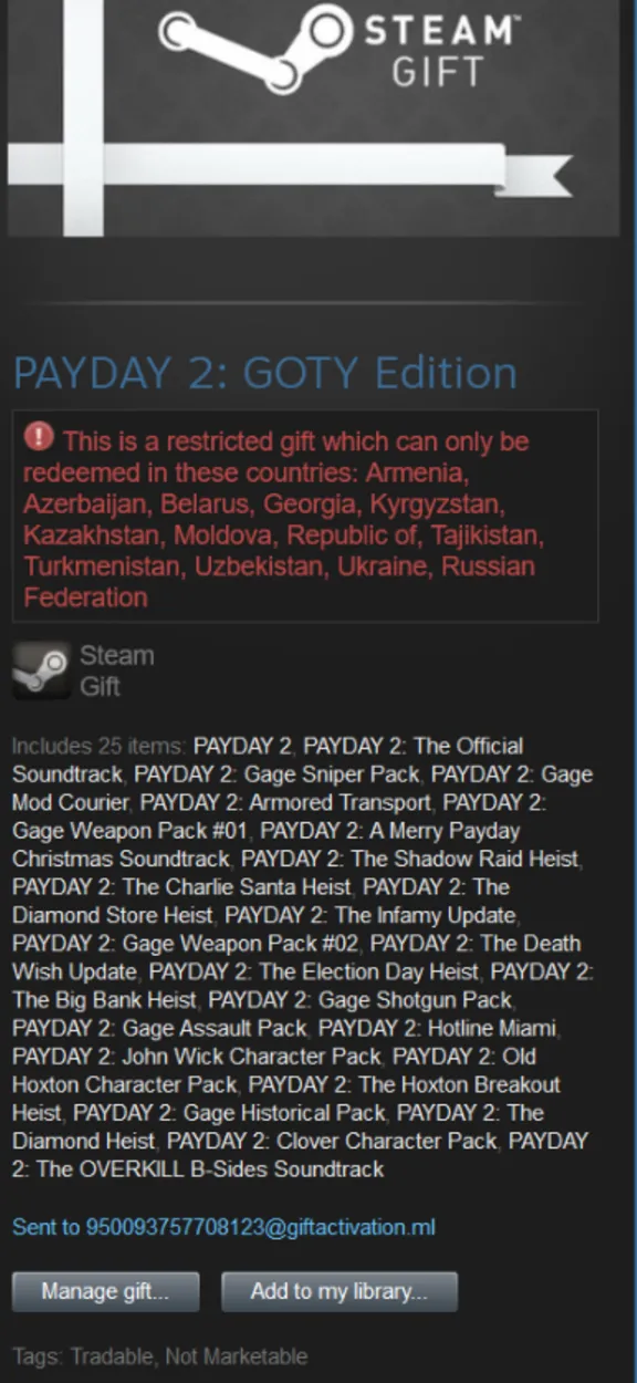 Payday 2 + 9 Free DLC (Steam CIS tradable gift)