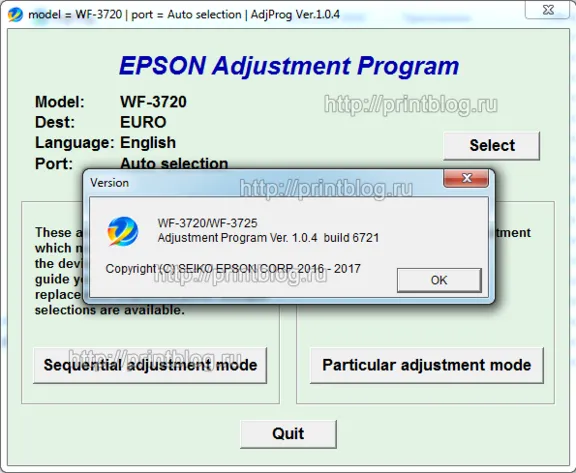 Epson WF-3720, WF-3725 Adjustment program (Reset)