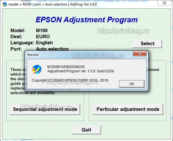 Adjustment program Epson M100, M105, M200, M205 (Reset)
