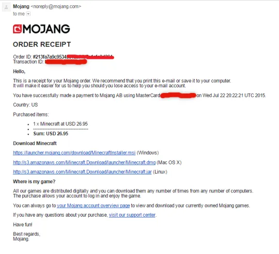 ✔️Minecraft (Mojang) + TRANSACTION ID (чек). С почтой
