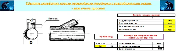 Тройник косой переходной с совпадающими осями шаблон