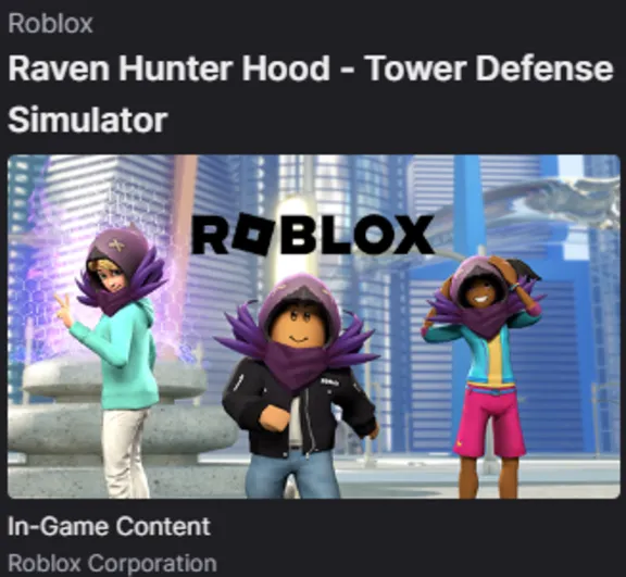🔑Roblox: Raven Hunter Hood - Tower Defense Simulator
