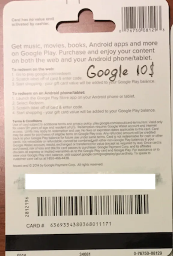 Google Play Gift Card $10 (real photo) + DISCOUNT