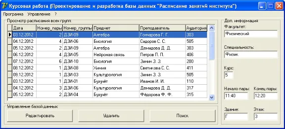 КУРСОВАЯ (База Данных, Расписание занятий института) БД