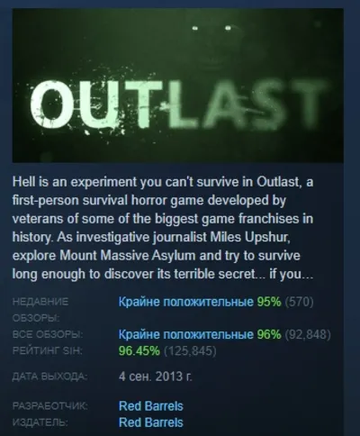 Outlast АВТОДОСТАВКА STEAM GLOBAL МГНОВЕННО ЛИЦЕНЗИЯ
