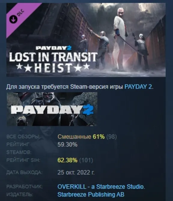 PAYDAY 2: Lost in Transit Heist DLC АВТОДОСТАВКА STEAM РОССИЯ
