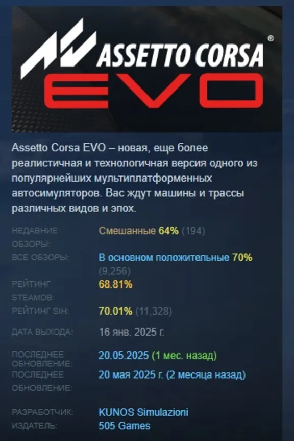 Assetto Corsa EVO АВТОДОСТАВКА STEAM GLOBAL МГНОВЕННО ЛИЦЕНЗИЯ