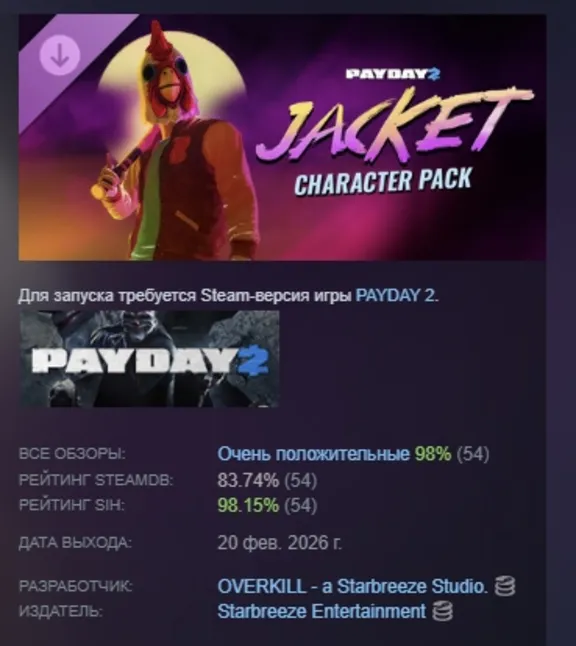 PAYDAY 2: Jacket Character Pack DLC AUTODELIVERY STEAM RUSSIA