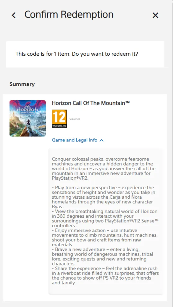 Код (Ключ) Horizon Call of the Mountain VR2 PS5 TR PL UA
