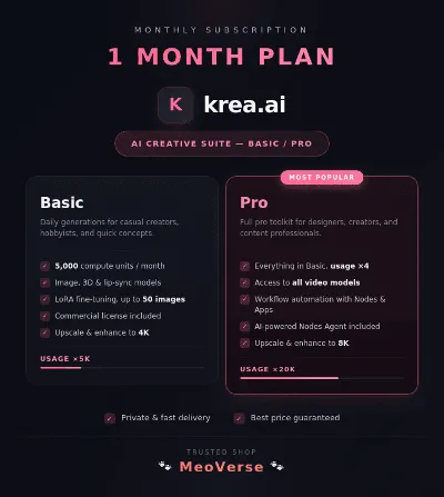 ✅ Krea AI Basic, Pro Plan 1 Month 🔒 Full Warranty ⚡Private account
