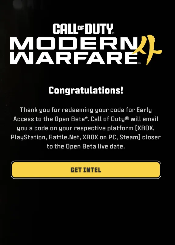 BETA ACCESS CODE CoD MODERN WARFARE 4
