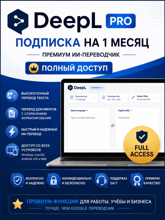 DeepL Pro на 1 месяц | Премиум ИИ-переводчик | Полный доступ