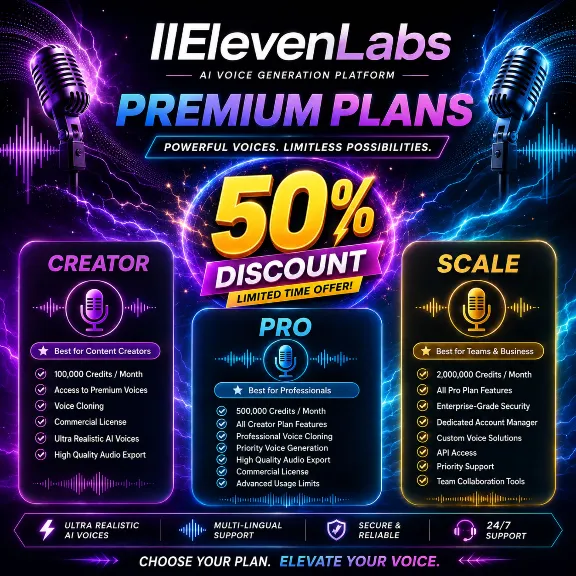 🚀 ElevenLabs Official Premium Plans | Creator • Pro • Scale | Up to 50% OFF