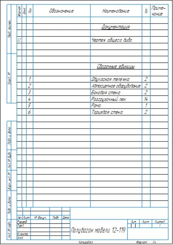 Model 12-119 open wagon – general arrangement drawing in Kompas-3D
