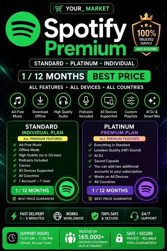 SPOTIFY PREMIUM — ДОСТУПЕН ВО ВСЁМ МИРЕ, ВКЛЮЧАЯ РОССИЮ. ДОСТУПНЫ ВСЕ СРОКИ ПОДПИСКИ.