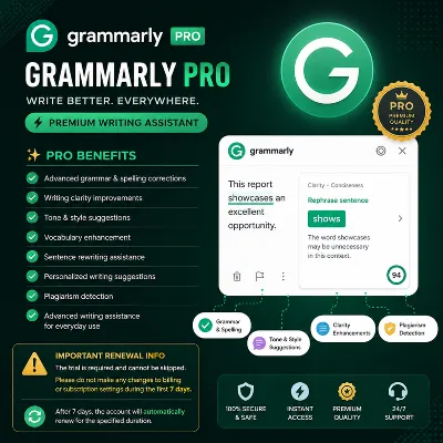 Grammarly Pro | 1 месяц | Проверка грамматики, ясности изложения и на плагиат