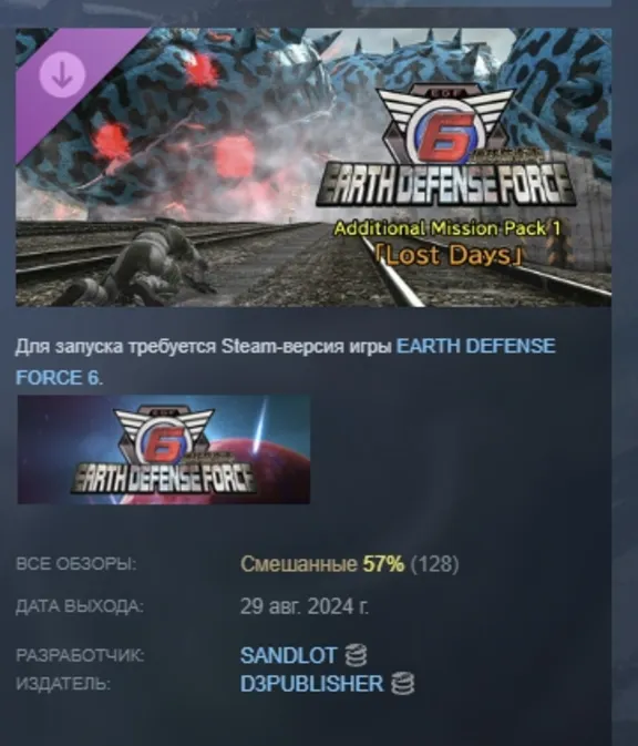 EARTH DEFENSE FORCE 6 - Additional Mission Pack 1: Lost Days STEAM GIFT RU
