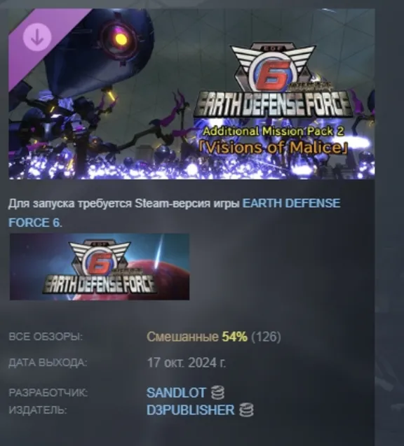 EARTH DEFENSE FORCE 6 - Additional Mission Pack 2: Visions of Malice DLC STEAM RU