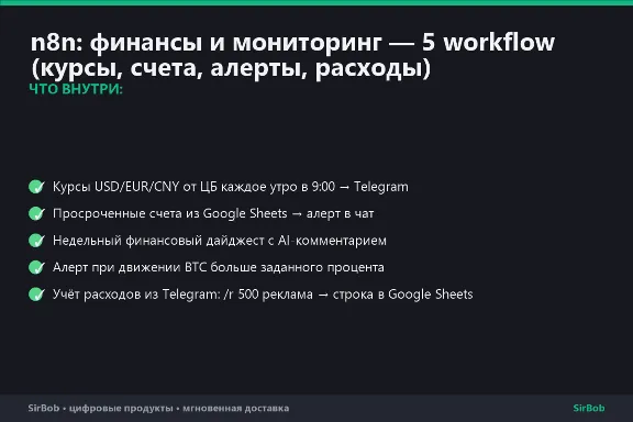 n8n: finance & monitoring — 5 workflows (rates, invoices, alerts, expenses)
