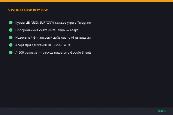 n8n: finance & monitoring — 5 workflows (rates, invoices, alerts, expenses)