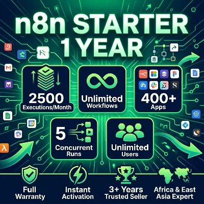 n8n Starter Plan 1 Year| 2500 Executions, Unlimited Workflows, 400+ Apps
