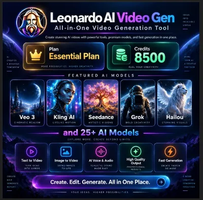Leonardo AI Video Gen — тариф Essential | 8500 кредитов | 25 ИИ-моделей