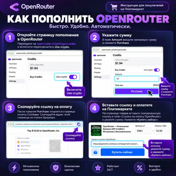 ⚡ OpenRouter — Пополнение баланса (API Credits) | Мгновенно | Автоматически